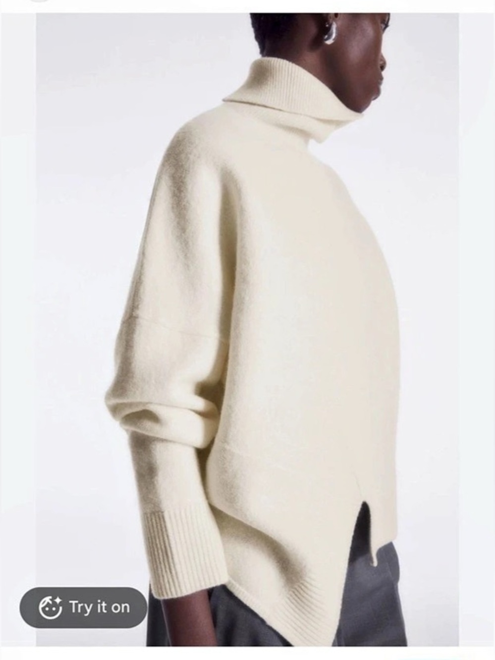 COS Asymmetric Boiled Wool Jumper Sweater Boxy Turtleneck L Cream Career Cropped